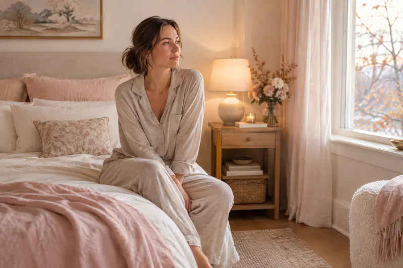 Femme adulte assise au bord d’un lit dans une chambre calme, éclairée par une lampe douce aux tons crème et rose poudré.