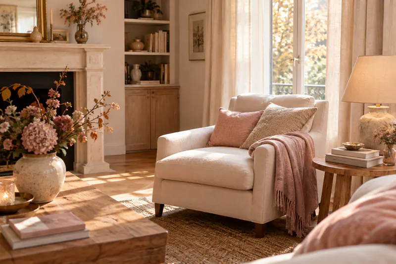 Salon doux aux tons crème et rose poudré, fauteuil texturé et lampe allumée dans la lumière d’automne.