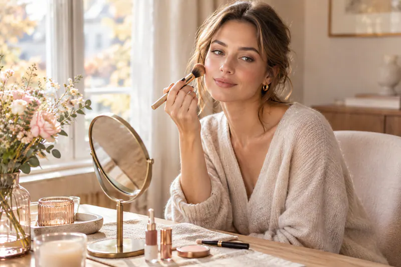 Une femme adulte applique un maquillage discret devant un miroir, dans une lumière douce aux tons beige et rose.